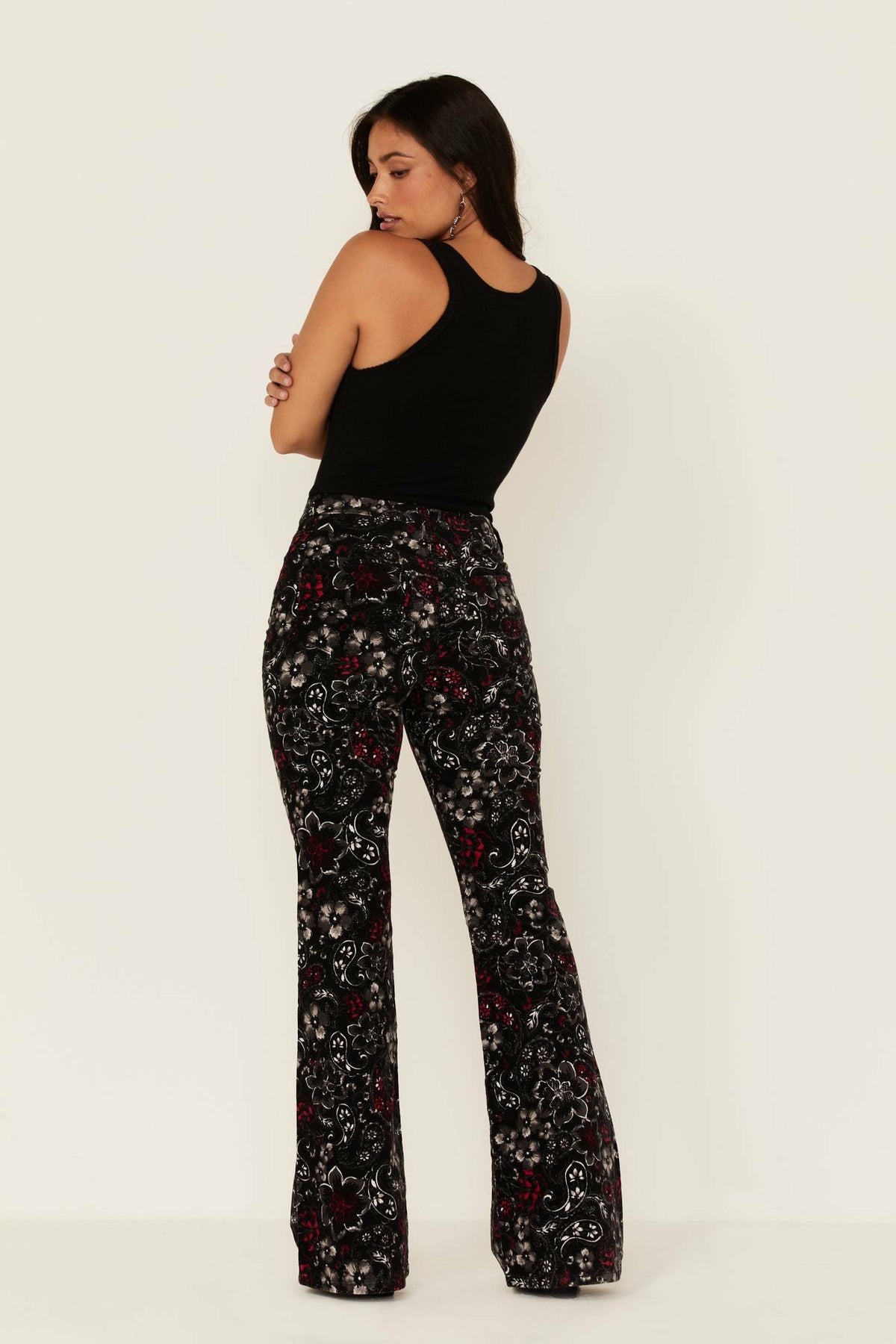 Women Black Floral Print High Rise Flare Cords | Idyllwind