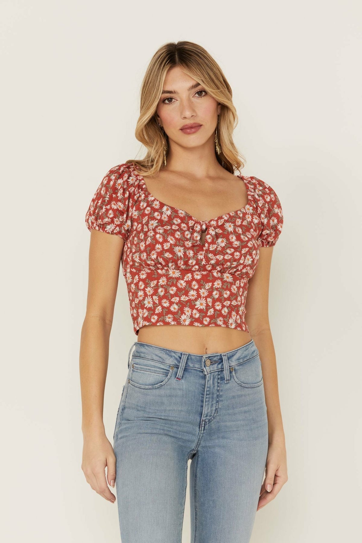 Women Bay Cove Brick Red Floral Crop Peasant Top | Idyllwind