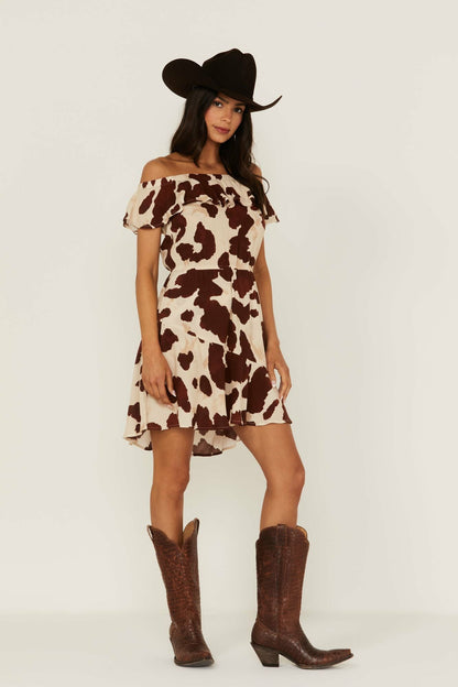 Women Made For This Off-Shoulder Cow Print Dress | Idyllwind