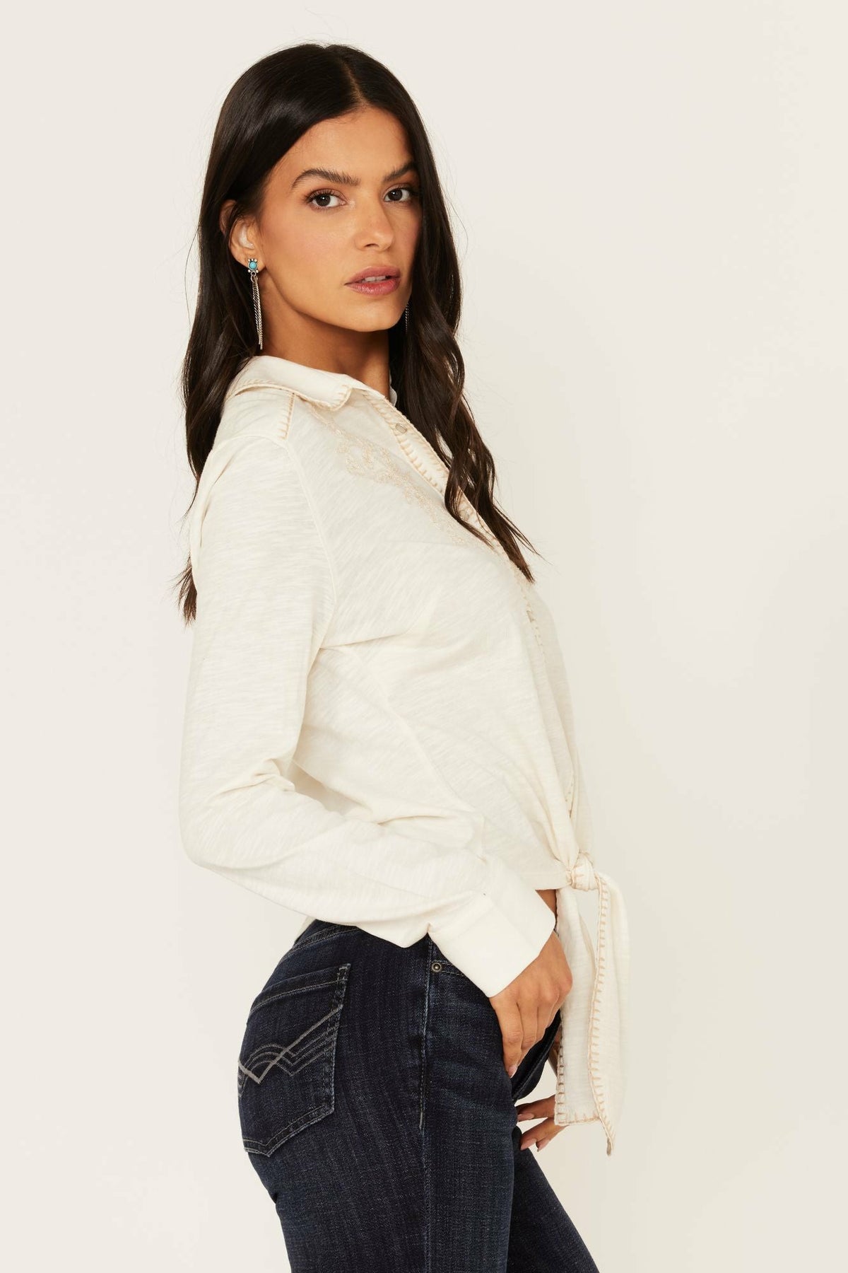 Women Embroidered Tie Front Knit Long Sleeve Western Snap Top | Idyllwind