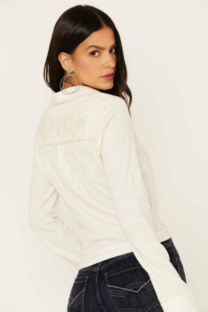 Women Embroidered Tie Front Knit Long Sleeve Western Snap Top | Idyllwind