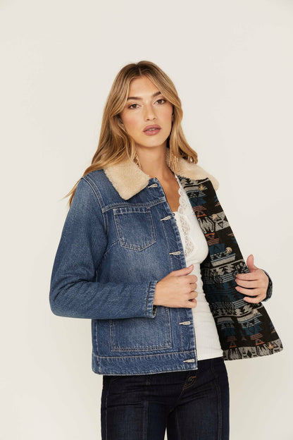 Women Medium Wash Reversible Sherpa Blanket Denim Jacket | Idyllwind