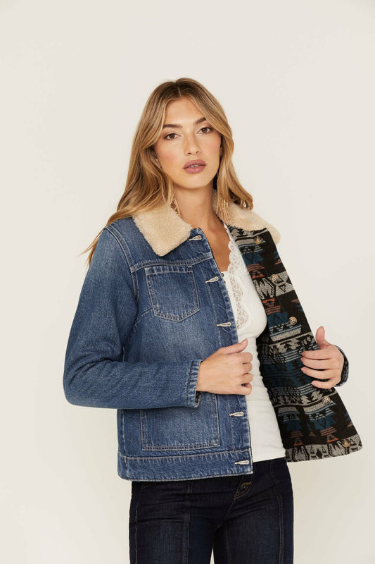 Women Medium Wash Reversible Sherpa Blanket Denim Jacket | Idyllwind