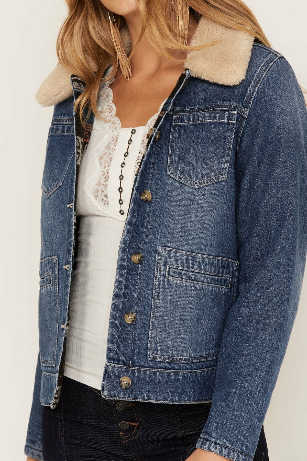 Women Medium Wash Reversible Sherpa Blanket Denim Jacket | Idyllwind