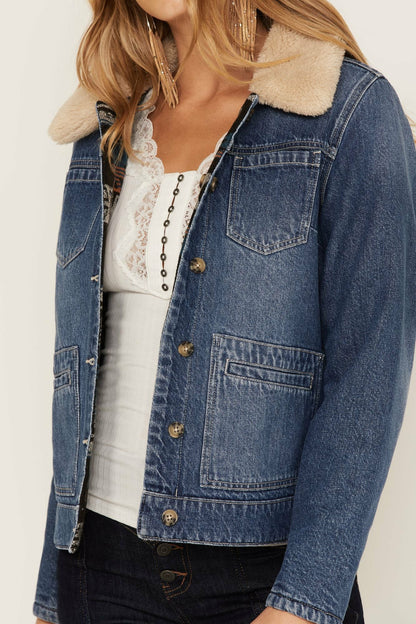 Women Medium Wash Reversible Sherpa Blanket Denim Jacket | Idyllwind