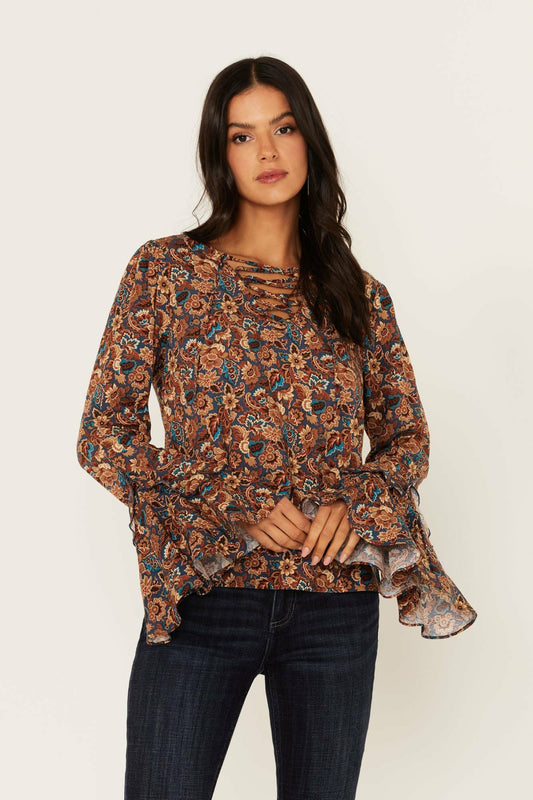 Women Rouge Paisley Print Lace Up Top | Idyllwind