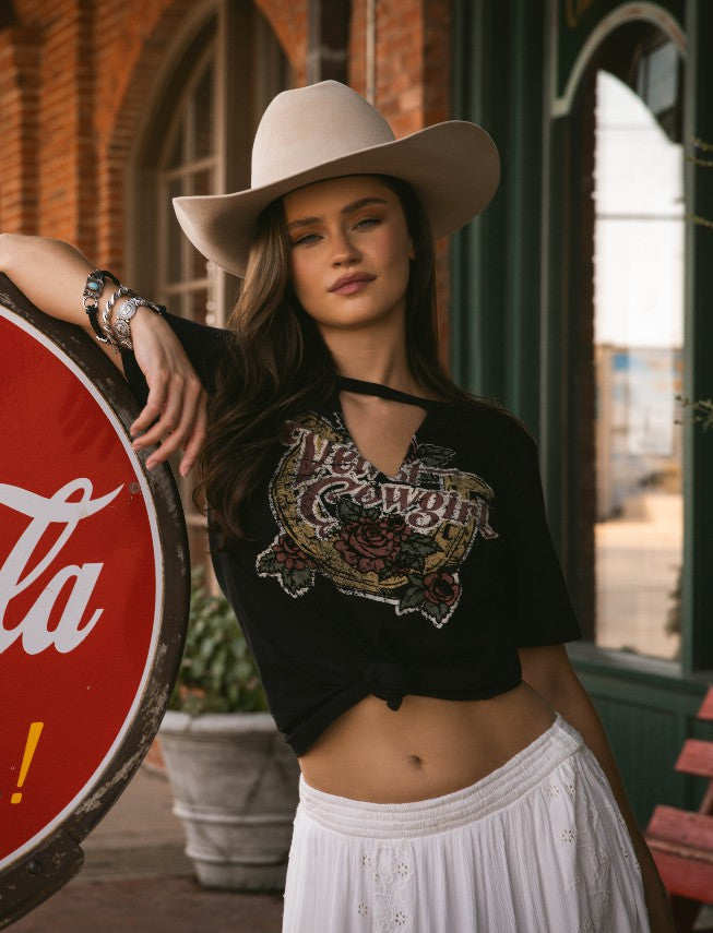 Women Velvet Cowgirl Cut Out Graphic Tee | Idyllwind