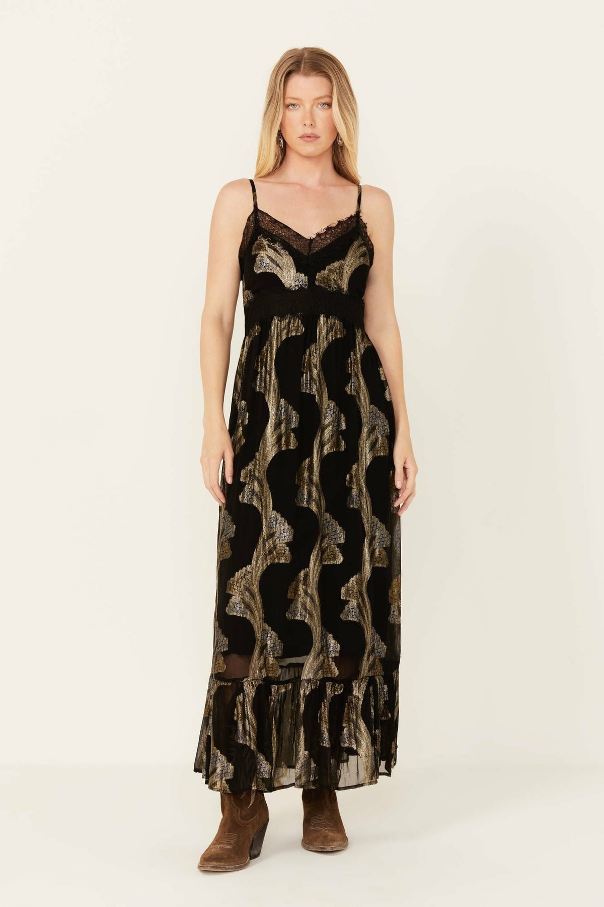 Women Verde Lace Inset Metallic Print Dress | Idyllwind