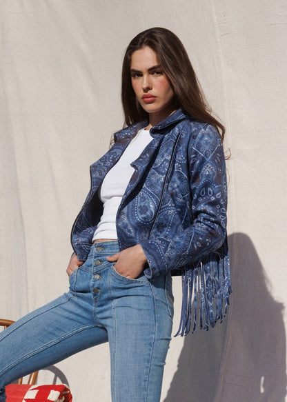 Women Banbury Printed Faux Suede Fringe Moto Jacket | Idyllwind