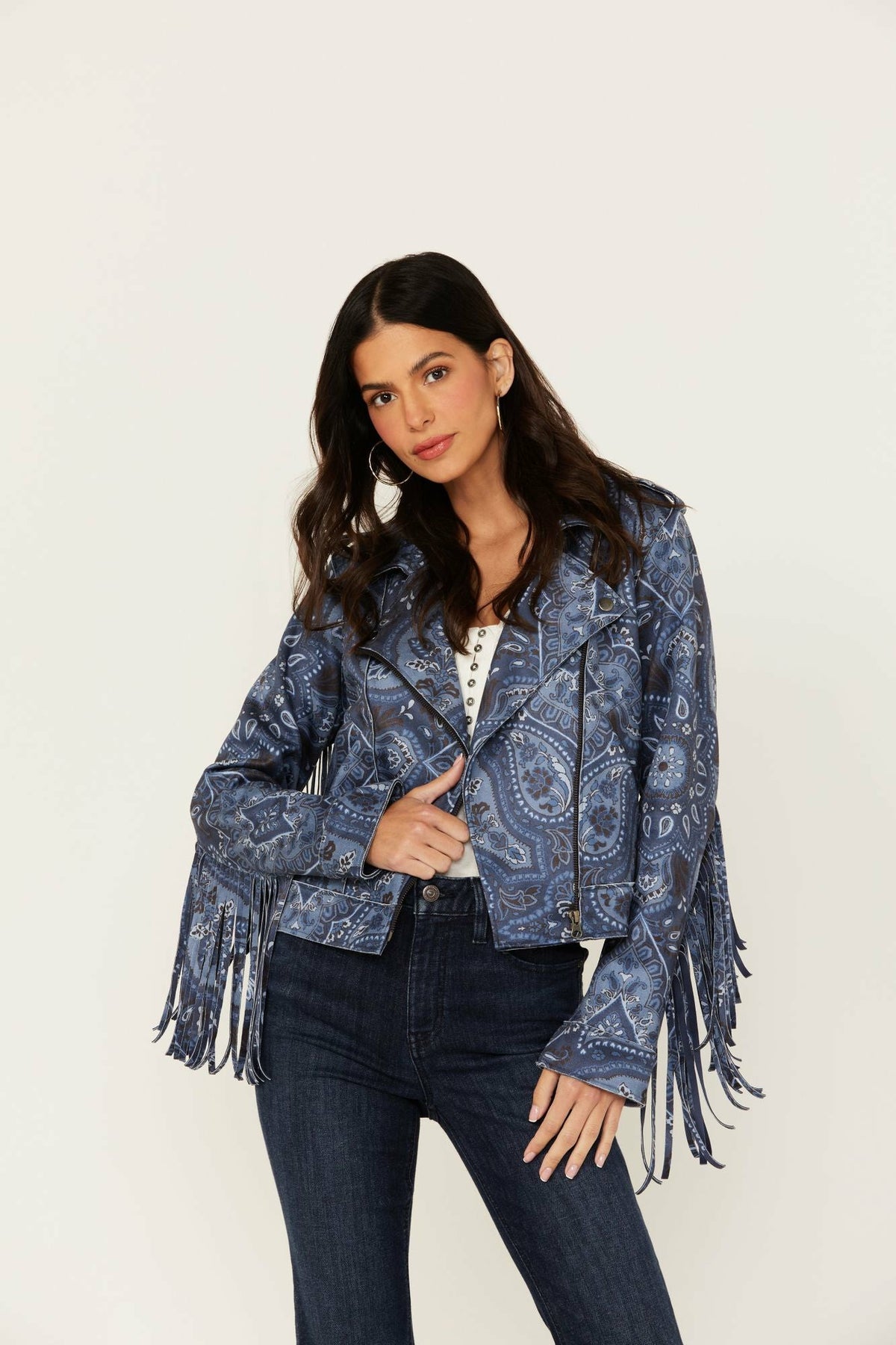 Women Banbury Printed Faux Suede Fringe Moto Jacket | Idyllwind