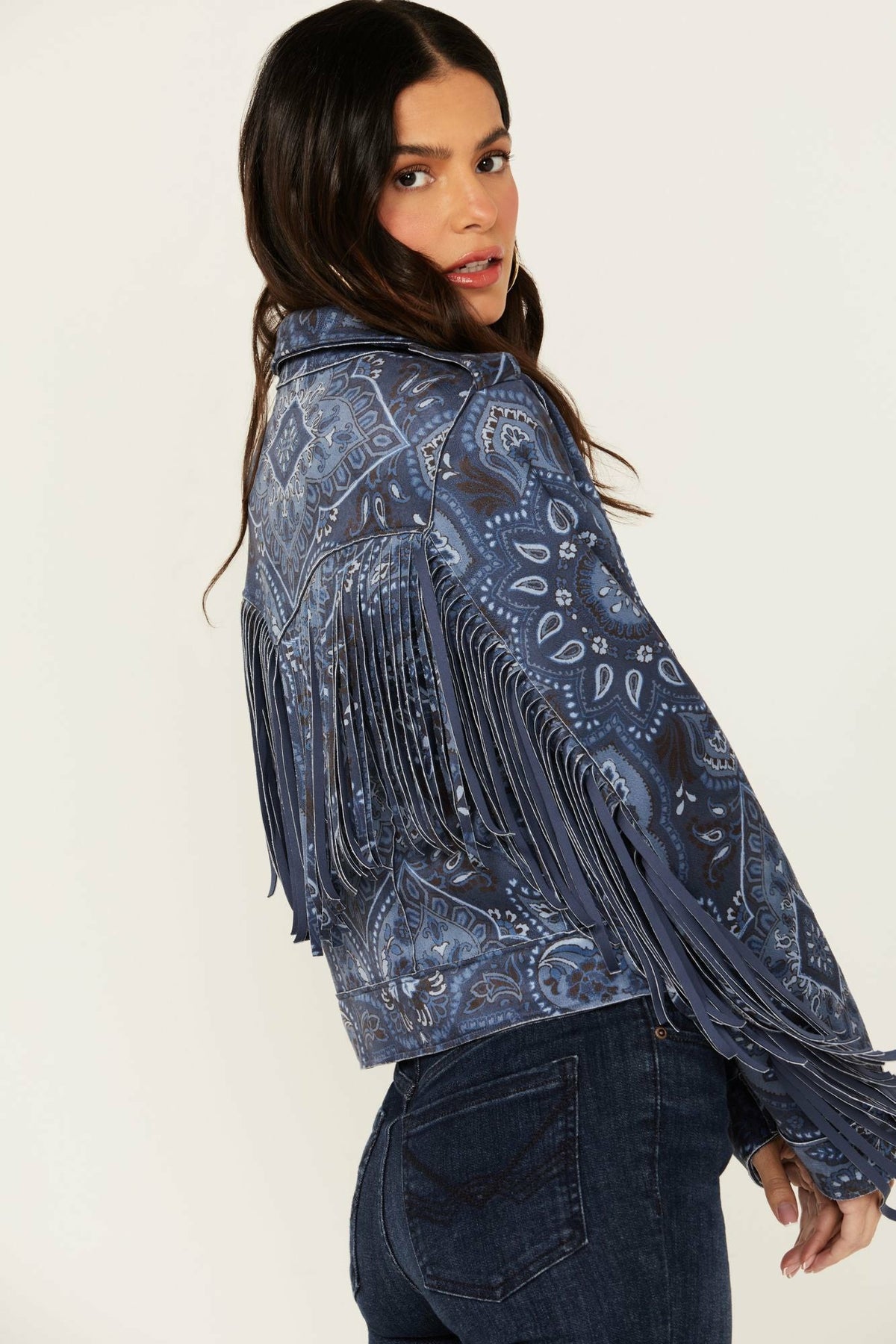 Women Banbury Printed Faux Suede Fringe Moto Jacket | Idyllwind