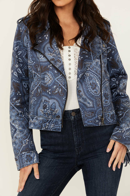 Women Banbury Printed Faux Suede Fringe Moto Jacket | Idyllwind
