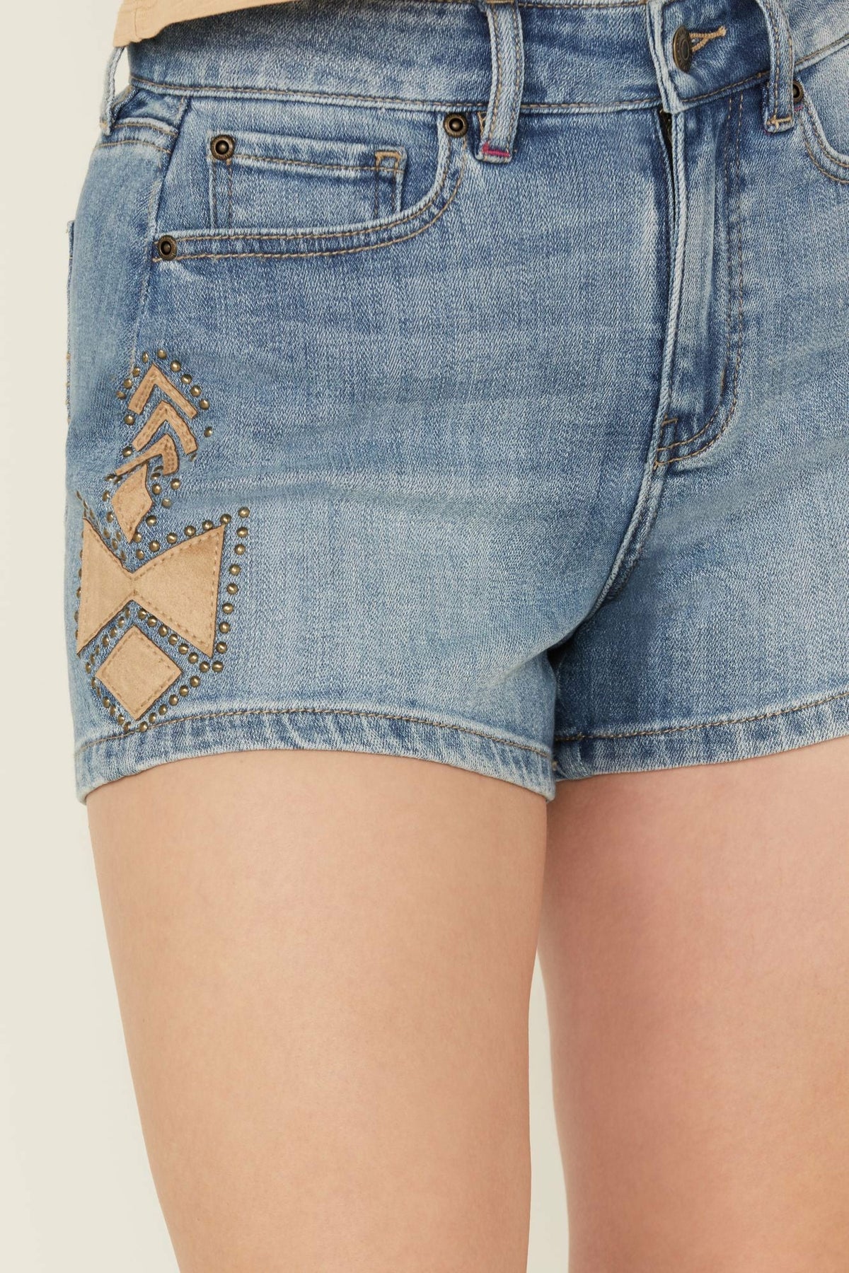 Women Medium Wash Gypsy High Rise Faux Suede Embellished Comfort Stretch Denim Shorts | Idyllwind