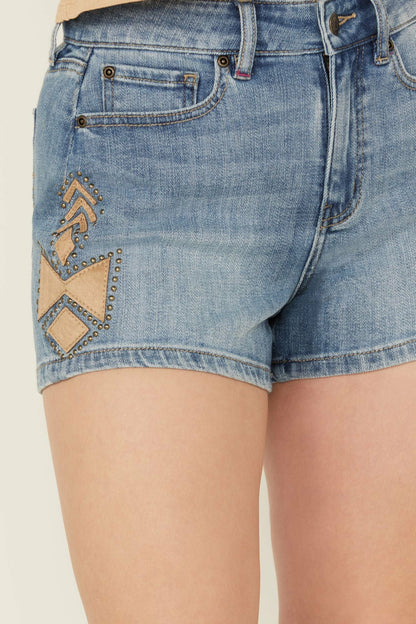 Women Medium Wash Gypsy High Rise Faux Suede Embellished Comfort Stretch Denim Shorts | Idyllwind
