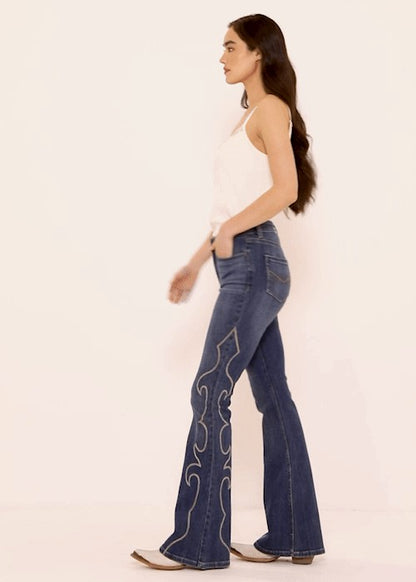Women Dark Wash Rebel Western Embroidered Mid Rise Stretch Denim Jeans | Idyllwind