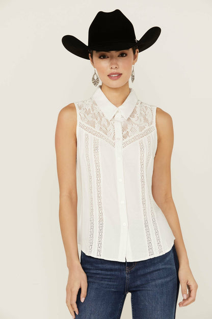 Women Cobble Lace Yoke Sleeveless Button-Down Top | Idyllwind