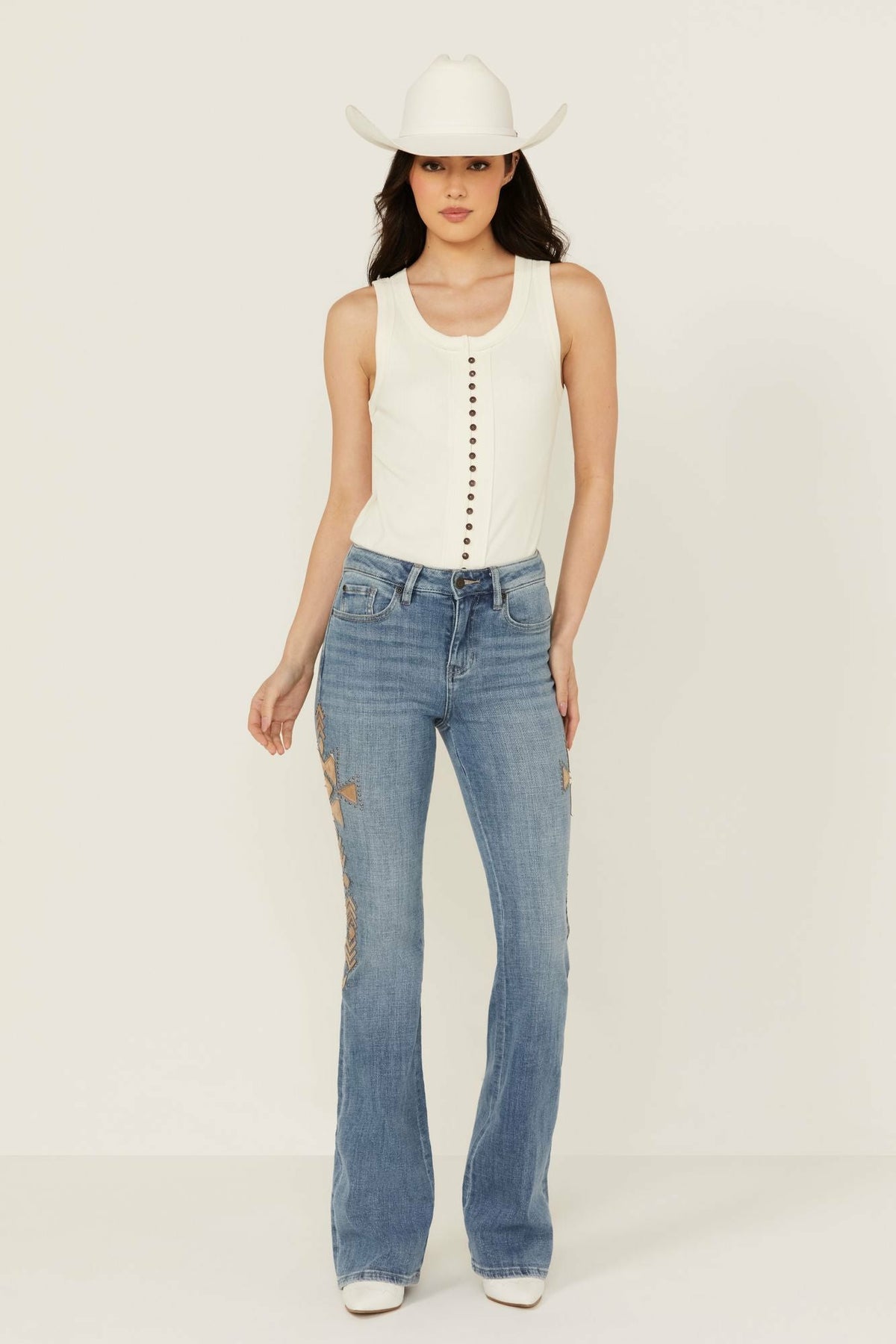 Women Ellis Medium Wash Gypsy High Rise Faux Suede Embellished Bootcut Comfort Stretch Denim Jeans | Idyllwind