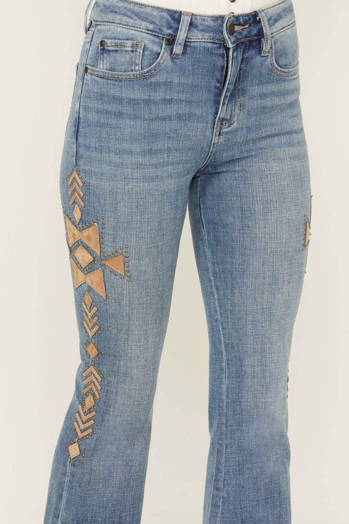 Women Ellis Medium Wash Gypsy High Rise Faux Suede Embellished Bootcut Comfort Stretch Denim Jeans | Idyllwind