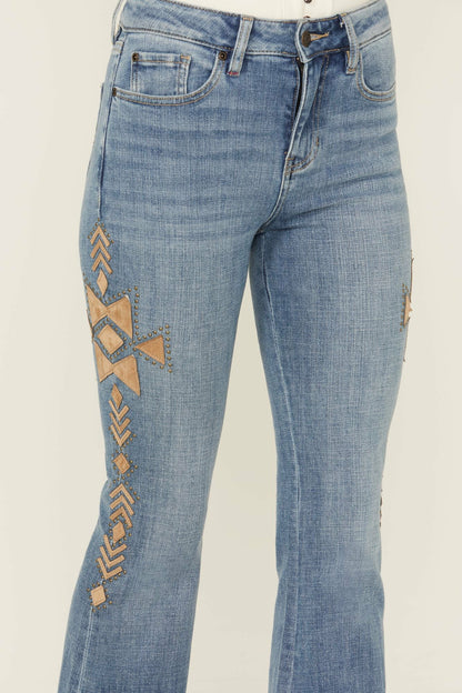 Women Ellis Medium Wash Gypsy High Rise Faux Suede Embellished Bootcut Comfort Stretch Denim Jeans | Idyllwind