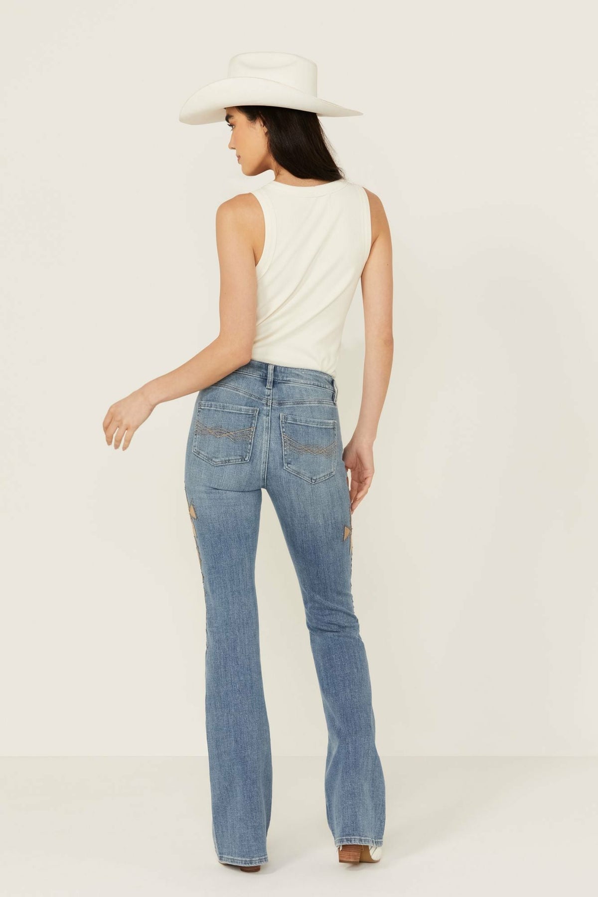 Women Ellis Medium Wash Gypsy High Rise Faux Suede Embellished Bootcut Comfort Stretch Denim Jeans | Idyllwind
