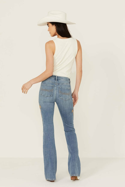 Women Ellis Medium Wash Gypsy High Rise Faux Suede Embellished Bootcut Comfort Stretch Denim Jeans | Idyllwind