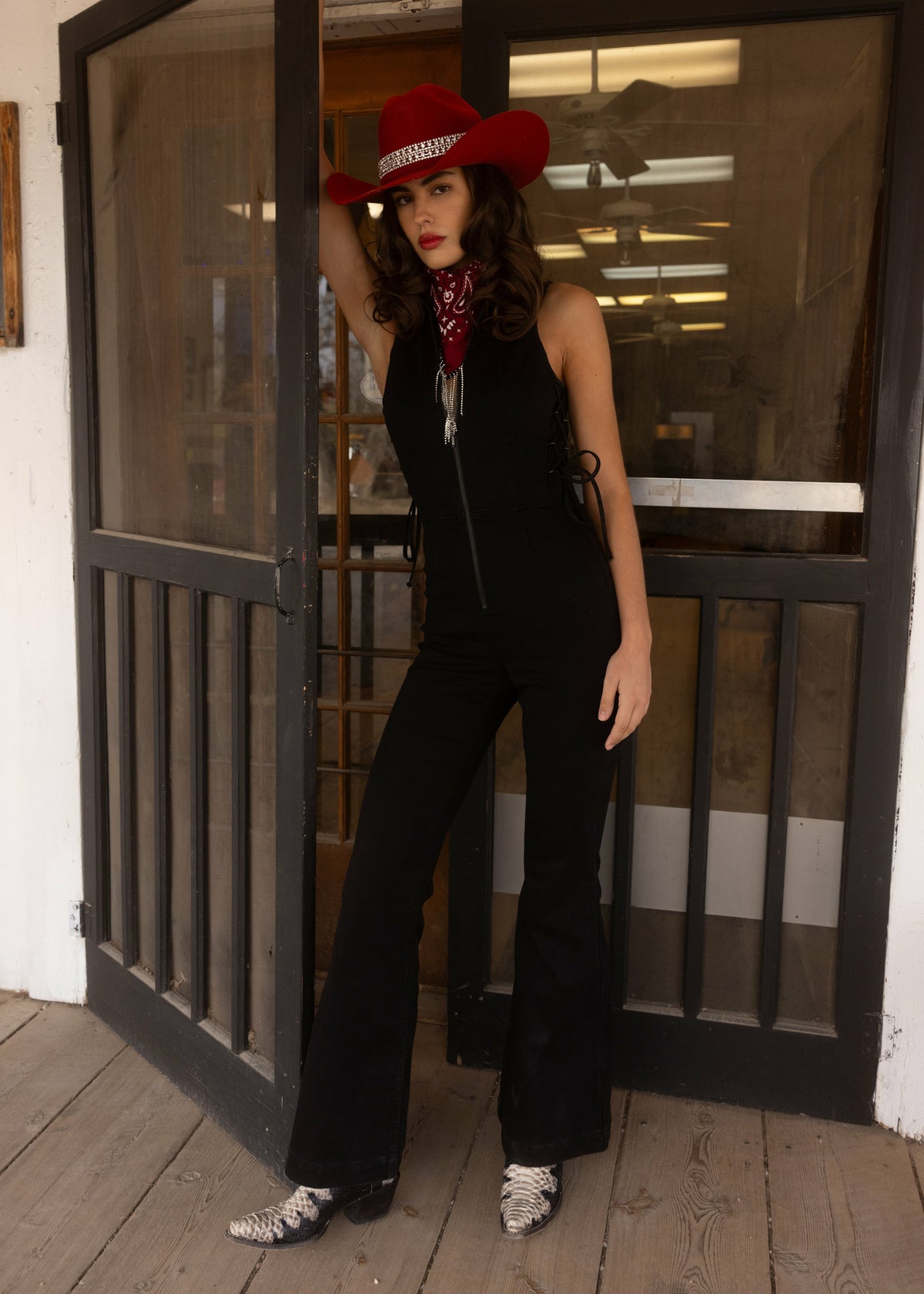 Women Lawson Stretch Lace Detail Flare Jumpsuit | Idyllwind