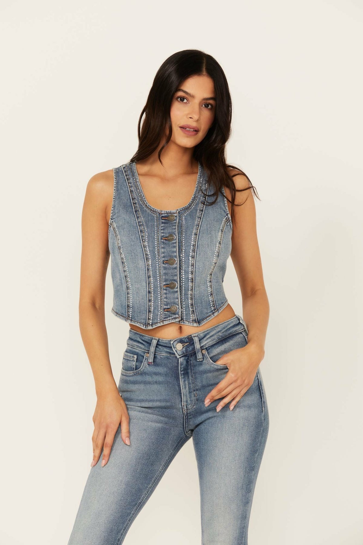 Women Medium Wash Embellished Stretch Denim Vest | Idyllwind