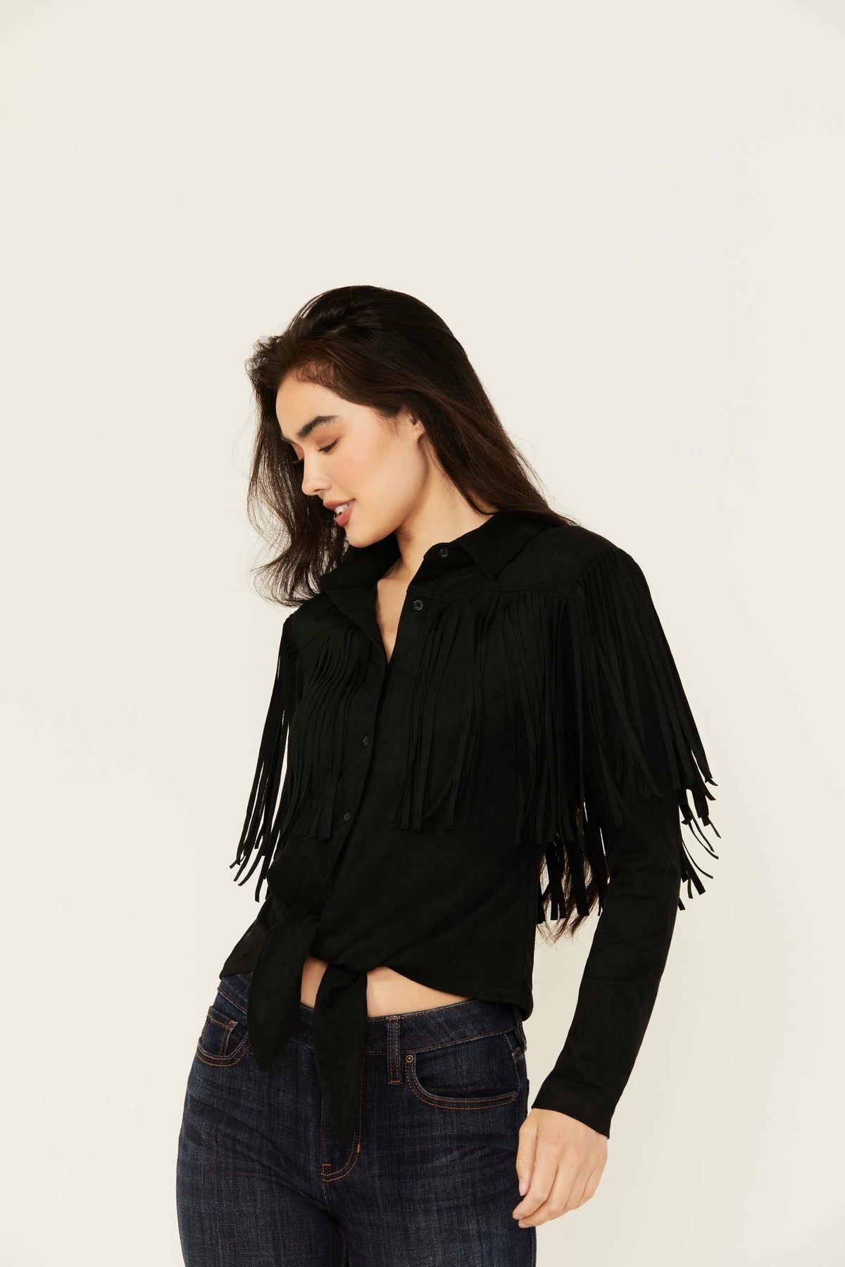 Women Fate Faux Suede Fringe Long Sleeve Button-Down Tie-Front Shirt | Idyllwind