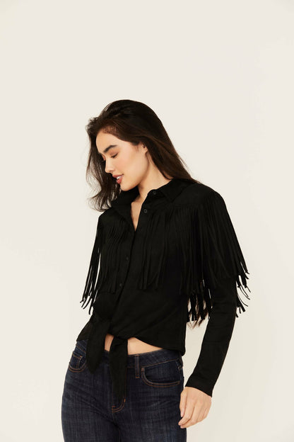 Women Fate Faux Suede Fringe Long Sleeve Button-Down Tie-Front Shirt | Idyllwind