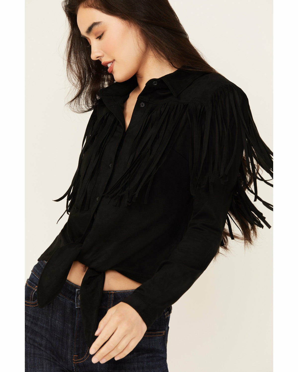 Women Fate Faux Suede Fringe Long Sleeve Button-Down Tie-Front Shirt | Idyllwind