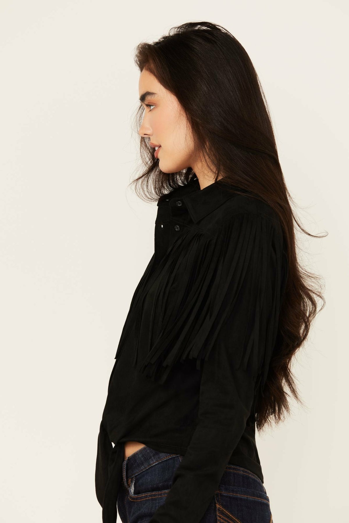 Women Fate Faux Suede Fringe Long Sleeve Button-Down Tie-Front Shirt | Idyllwind
