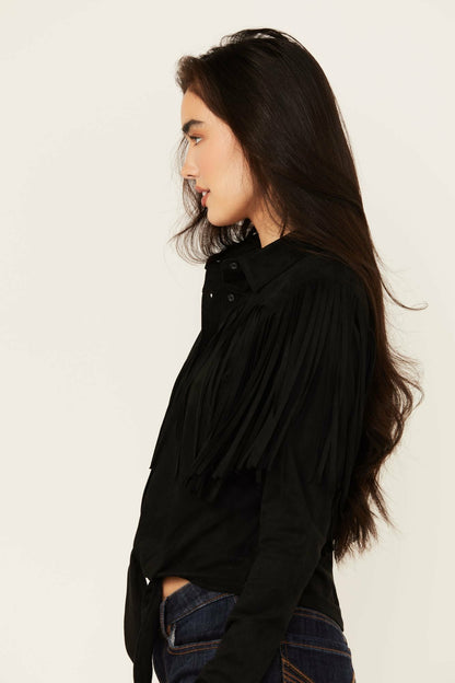 Women Fate Faux Suede Fringe Long Sleeve Button-Down Tie-Front Shirt | Idyllwind