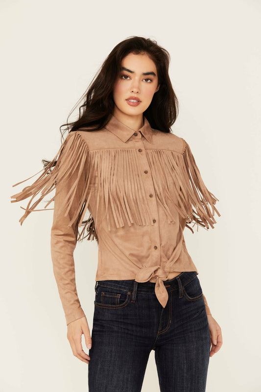 Women Fate Faux Suede Fringe Long Sleeve Button-Down Tie-Front Shirt | Idyllwind