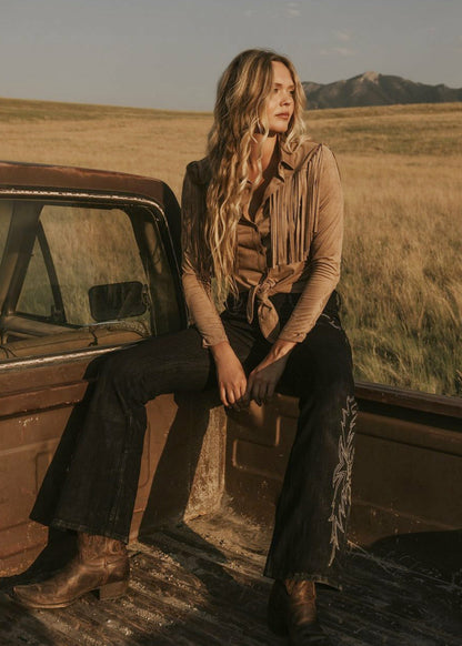 Women Fate Faux Suede Fringe Long Sleeve Button-Down Tie-Front Shirt | Idyllwind
