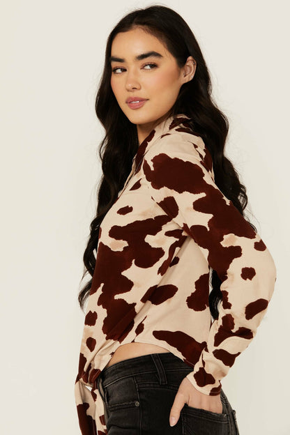 Women Jeny Cow Print Long Sleeve Snap Tie-Front Western Shirt | Idyllwind