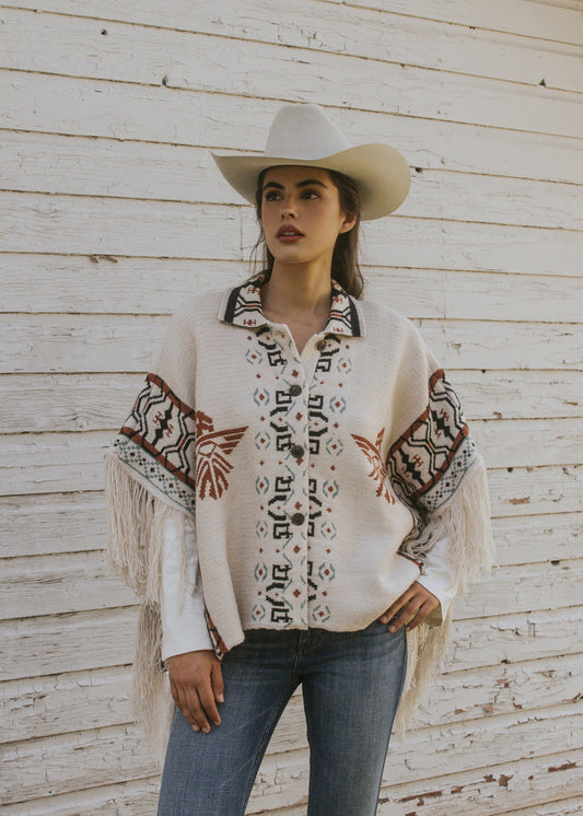 Women Flyaway Southwestern Print Fringe Button-Down Poncho | Idyllwind