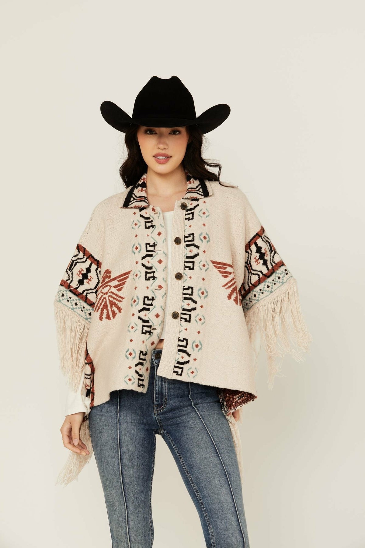 Women Flyaway Southwestern Print Fringe Button-Down Poncho | Idyllwind