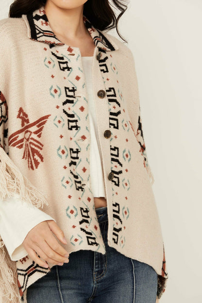 Women Flyaway Southwestern Print Fringe Button-Down Poncho | Idyllwind