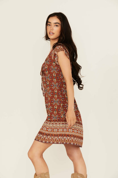 Women Saxony Tapestry Print Short Sleeve Mini Dress | Idyllwind