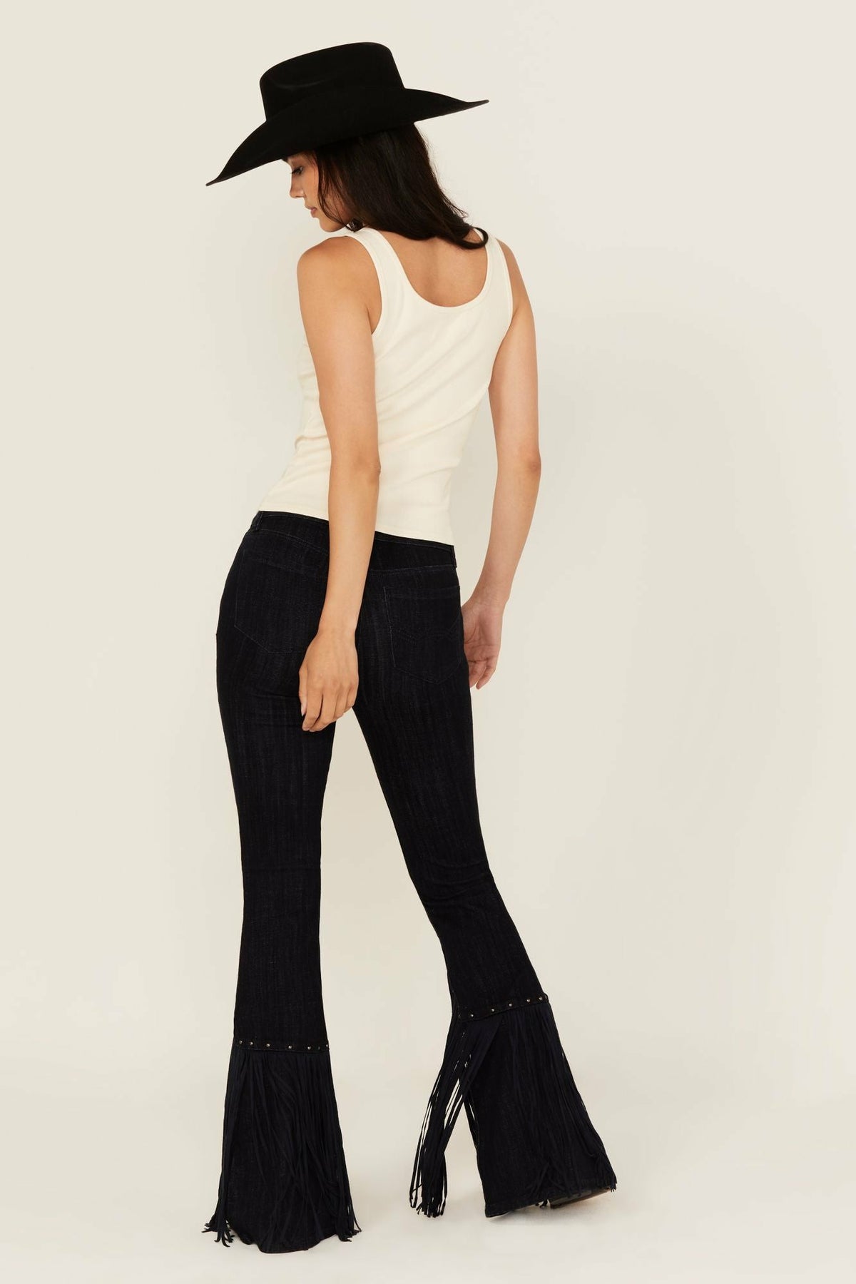 Women Magnolia Dark Wash Outlaw High Rise Studded Fringe Super Stretch Flare Jeans | Idyllwind