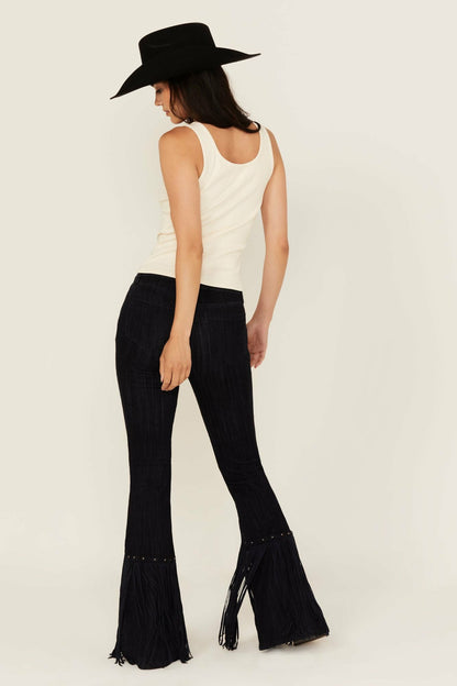 Women Magnolia Dark Wash Outlaw High Rise Studded Fringe Super Stretch Flare Jeans | Idyllwind