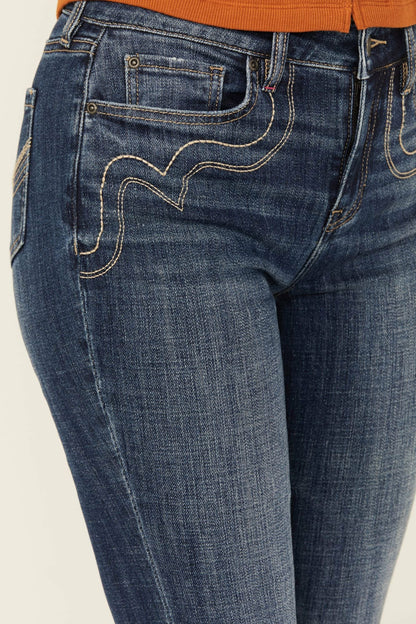 Women Vistaview Medium Wash Embroidered Flare Stretch Denim Jeans | Idyllwind